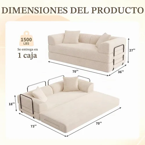 Vista 2 de Sofá cama convertible Cloud sin huesos, sofá de piso de 177,8 cm, 4 en 1, plegable, acomodado, sofá de 2 plazas, sofá cama de espuma de alta