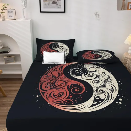 Vista 3 de Yin Yang - Juego de sábanas tamaño individual, sábanas japonesas, microfibra suave y bolsillo profundo, sábanas y fundas de almohada estampadas sin