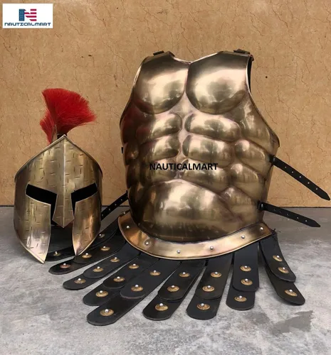 Vista 2 de Muscle Armor Cuirass 300 - Disfraz de rey espartano Leónidas, casco medieval romano griego para Halloween