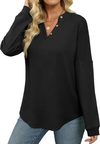Vista 3 de Heymiss Suéteres Henley de manga larga para mujer, a la moda de otoño, tallas S-2XL