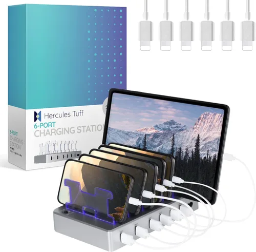 Vista 10 de Estación de carga para múltiples dispositivos – Base de carga USB de 6 puertos para Apple y Android – Organizador de carga múltiple rápida