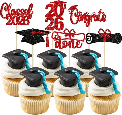 Vista 35 de Paquete de 24 adornos para cupcakes de clase 2026 con purpurina 2026 Felicidades Graduación Diploma Done Cupcake Picks 2026 Graduación Temática