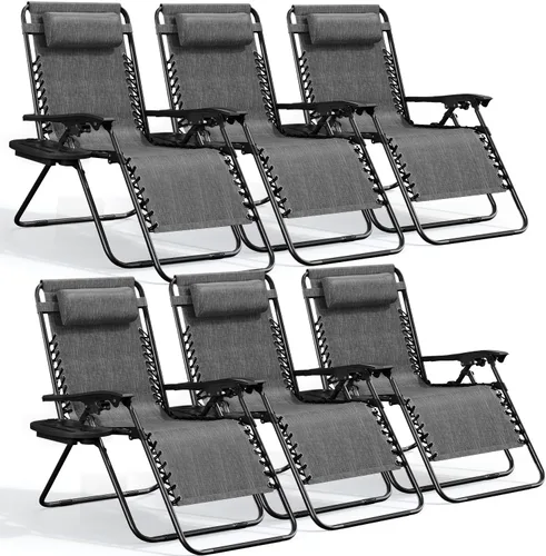 Vista 22 de Nestl Sillas de gravedad cero, juego de 2, silla de patio al aire libre con almohadas y bandejas portavasos, silla reclinable plegable de malla
