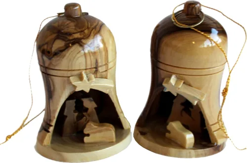 Vista 6 de Holy Land Market Adornos de Navidad de madera de olivo – Campanas colgantes hechas a mano para árbol, adornos de madera de la Tierra Santa