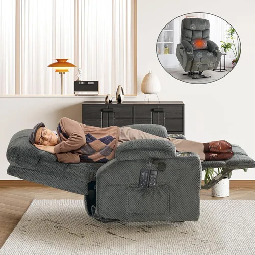 Vista 12 de CDCASA Silla Reclinable de Elevación Eléctrica de Gran Tamaño con Doble Motor que se Recuesta Completamente con Masaje, Calefacción, Textil