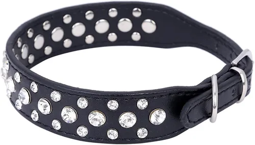Vista 3 de Dogs Kingdom Collares de cuero con diamantes de imitación personalizados de 10 a 24 pulgadas de longitud, para razas pequeñas y medianas, color Negro