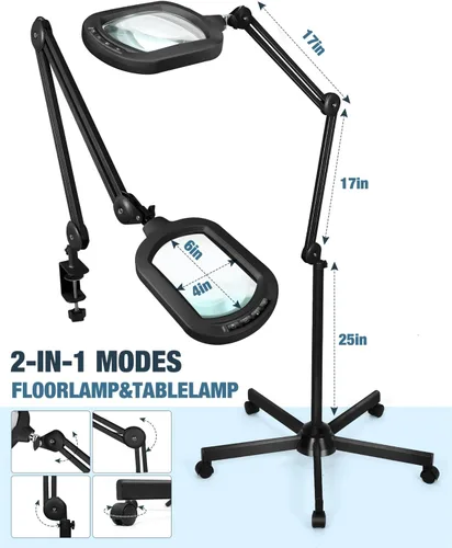 Vista 6 de Lupa 10X con luz y soporte, lámpara de pie rectangular grande con lente de vidrio óptico con base rodante de 5 ruedas, 5 modos de color LED
