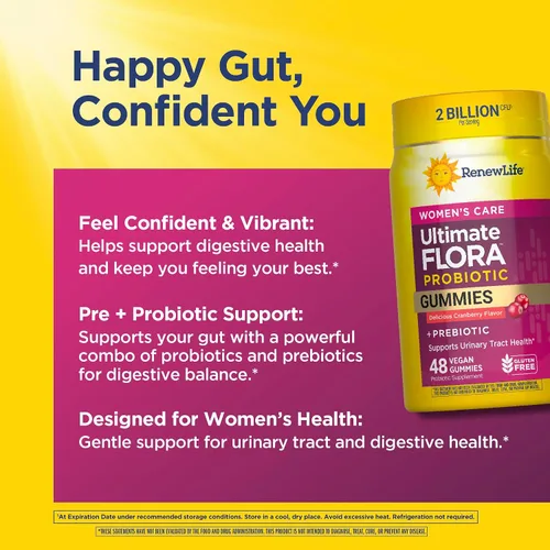 Vista 5 de Renew Life Women's Care - Gomitas prebióticas y probióticas de cerezas, digestivo, urinario y salud inmunológica, B. Coagulans y B. Subtilis, sin