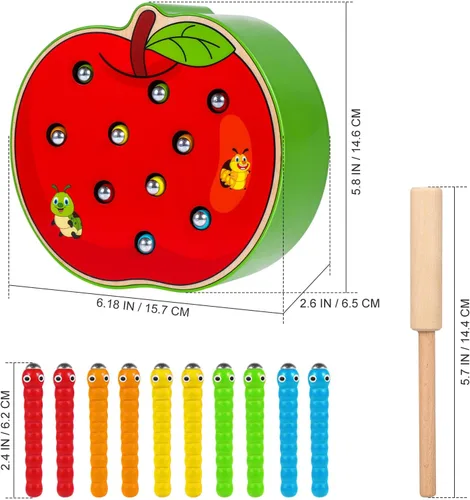 Vista 2 de STOBOK Juguete magnético de manzana, juguete Montessori de madera para habilidades motoras finas, divertido juego de captura de insectos para niños