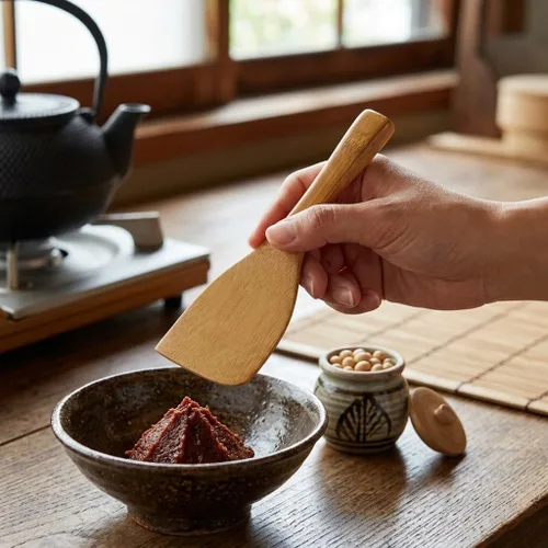 Vista 2 de Espátula Miso de Bambú 5.51 in (140mm), Cuchara, Herramienta para Miso, Bambú Ahumado, Hecho en Japón