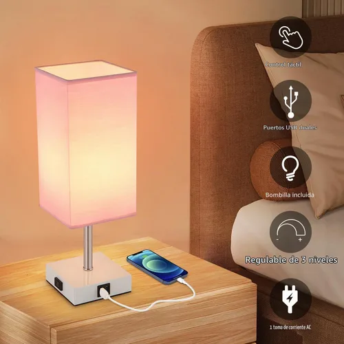 Vista 3 de Lámpara de mesa con control táctil, 3 modos regulables, puertos USB C+A y tomacorriente, lámpara de noche para decoración de dormitorio y sala