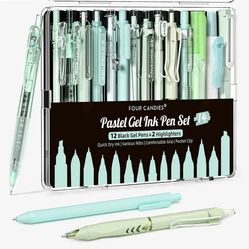 Vista 13 de FOUR CANDIES - Paquete de 14 bolígrafos pasteles bonitos, estéticos y retráctiles con tinta de gel negra, punta fina de 0.5 mm, incluye 2 Azul