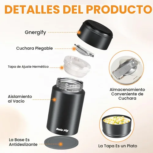Vista 8 de Tarro de comida aislado de acero inoxidable, paquete de 2 unidades para trabajo y viajes, color negro Vacuum insulated thermos keeps soup/pasta