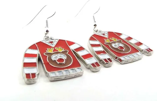 Vista 2 de Tacky Reindeer Ugly Christmas Sweater Pendientes de metal con alambre de oreja en tono plateado