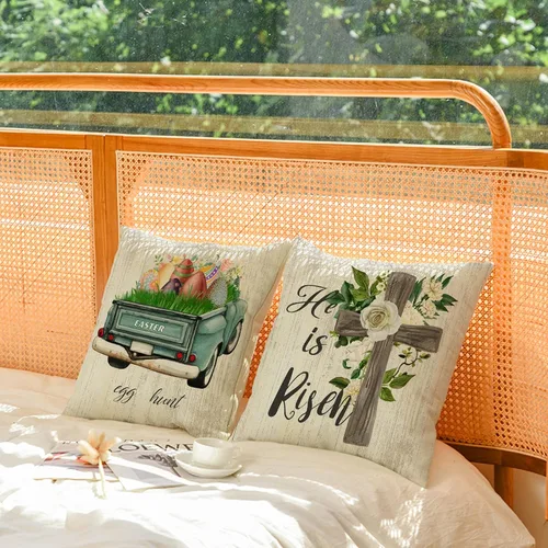 Vista 3 de YeeJu Juego de 4 fundas de almohada de Pascua de 20 x 20 pulgadas, fundas de almohada de primavera de Pascua, huevos de conejo, caza, camión, fundas