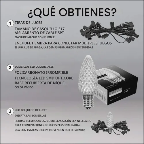 Vista 5 de Wintergreen Lighting 25 C9 OptiCore - Luces LED de Navidad para exteriores de alta resistencia, tira de luces de Navidad comerciales; cable verde