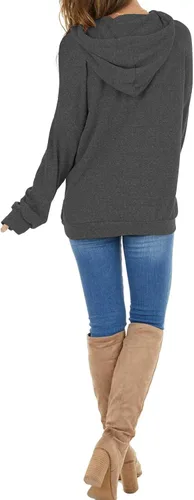 Vista 3 de Sudaderas con capucha casuales para mujer, ligeras, de manga larga, blancas, con cordón, sudaderas holgadas con bolsillo Carbón