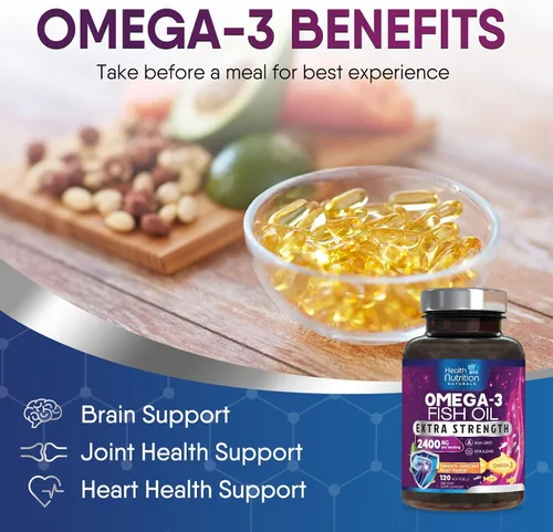 Vista 7 de Suplementos de aceite de pescado Omega 3 – 2400 mg de aceite de pescado por porción – Omega-3 de triple fuerza con ácidos grasos EPA y DHA – Apoyo