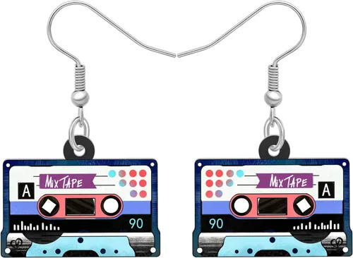 Vista 6 de Aretes de cinta de casete nostálgicos de los años 80 y 90 de acrílico cuelgan música clásica joyería de audio para mujeres, regalos