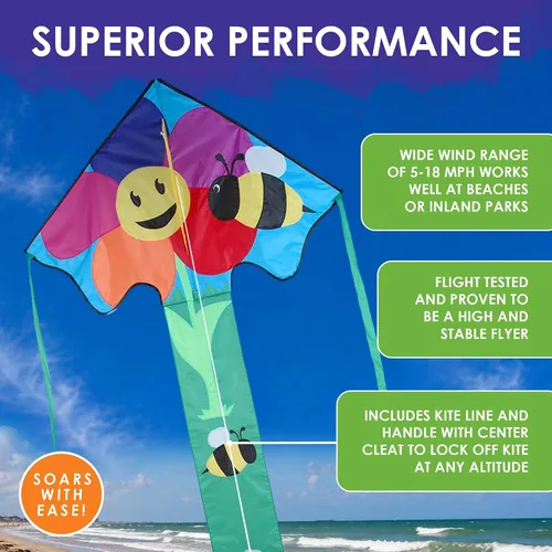 Vista 4 de Premier Kites Large Easy Flyer Garden Critters Kite Complete Set – Easy to Fly Single Line Kite with 300 ft Flying Line Included, Durable