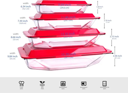 Vista 2 de Juego de 8 bandejas de vidrio templado para hornear con tapas sin bisfenol A. Apto para horno, microondas, refrigerador y lavavajillas, 0.8L, 1.5L