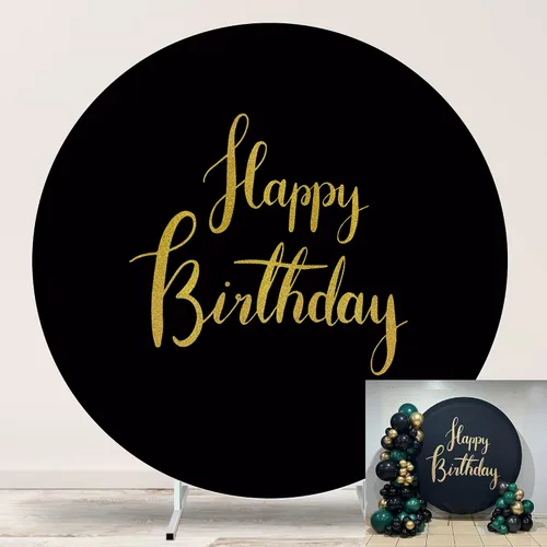 Vista 12 de Cartel de feliz cumpleaños dorado de 6.5 pies, cubierta de fondo circular blanco con 4 clips, telón de fondo redondo para fotografía, cartel dorado