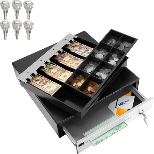 Vista 2 de HK SYSTEMS 16" "acero inoxidable" frontal resistente negro POS Cajón de efectivo con 4Bill/8Coin "acero inoxidable" para Canadá