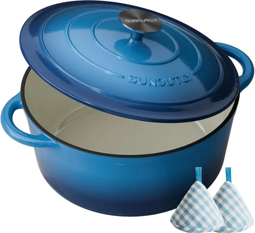 Vista 13 de Horno holandés de hierro fundido esmaltado, olla de 7.5 cuartos de galón con tapa y agarraderas de algodón, utensilios de cocina resistentes