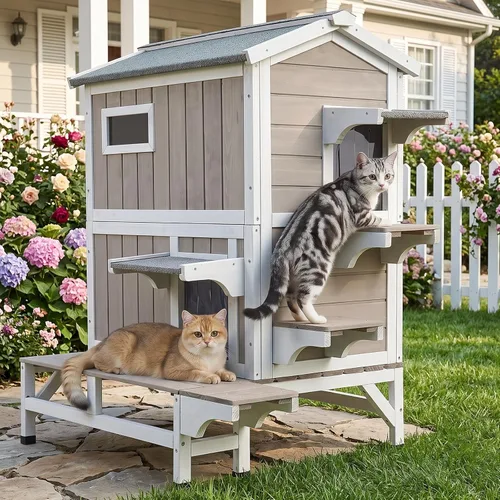 Vista 10 de Casa Aislada para Gatos de Exterior Resistente a la Intemperie con Balcón, Aislamiento Integral, Refugio de Madera para Gatos Ferales para Invierno