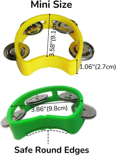 Vista 2 de Pandereta mini campana de mano de percusión instrumento musical pandereta pequeña (1 verde y 1 amarillo) Paquete de 2 (1 verde y 1 amarillo)