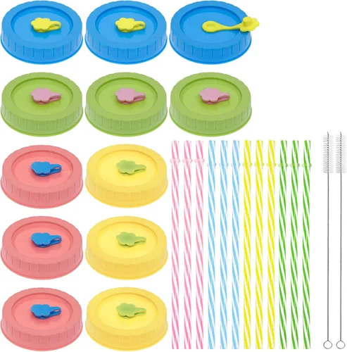 Vista 10 de REGULAR - Tapas de tarro de boca para bola, kerr, etc. con agujero para pajita, popotes, tapones de silicona, anillos, cepillo de limpieza, sin BPA