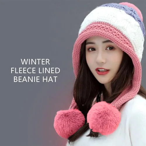 Vista 3 de FSIGOM Gorros de punto gruesos de invierno para mujer versión coreana grande con pompones de piel orejeras cálidas de lana con protección