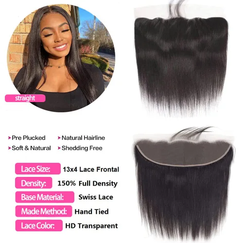 Vista 3 de Cierre frontal de encaje HD de 13x4, 10 pulgadas, cabello humano liso con encaje frontal, cabello virgen brasileño 100% sin procesar, de oreja a