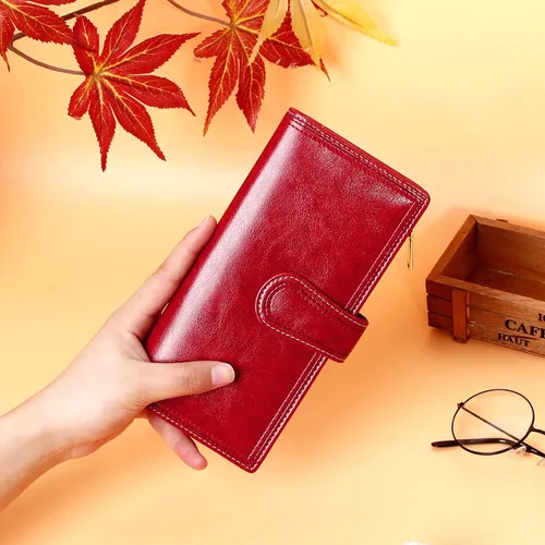 Vista 7 de VOCUS Cartera de cuero para mujer, billetera larga plegable de gran capacidad, tarjetero para tarjetas de crédito con cremallera para damas.., Rojo