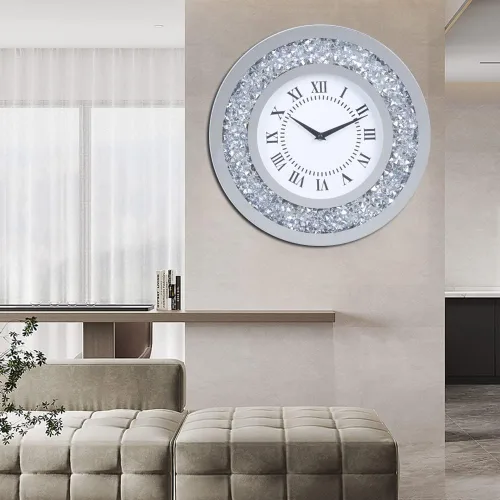 Vista 4 de Reloj de pared grande con espejo plateado brillante brillante brillante con diamantes para decoración de pared, espejo de cristal plateado