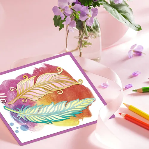 Vista 4 de INFUNLY 11 piezas de troqueles de plumas de metal, troqueles para hacer tarjetas, plantillas de plumas en capas, troqueles para relieve para álbum