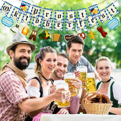 Vista 6 de Cartel de Oktoberfest, 3 piezas de bandera de Oktoberfest Prost decoración colgante guirnalda blanca y azul bávara de cerveza alemana festival