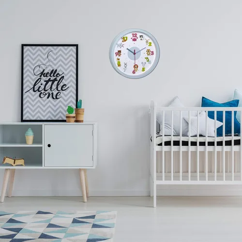 Vista 2 de TFA Dostmann Kids - Reloj de pared para niños, 60.3051.14, con motivos de animales, profesor de tiempo, sin tictac de cuarzo Azul claro