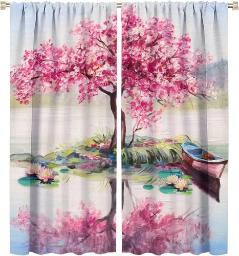 Vista 25 de Cortinas opacas con diseño floral de galaxia azul abstracta para dormitorio, cortinas de ventana de teñido anudado con diseño de flor de cerezo