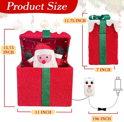Vista 13 de PEIDUO Papá Noel de Navidad animado en caja de regalo iluminada, luces decorativas de música navideña con sensor de movimiento, decoraciones