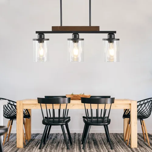 Vista 8 de Lámpara de comedor,Lámpara de cocina de 3 luces para iluminación de granja, iluminación colgante industrial de madera de metal negro mate,Luces
