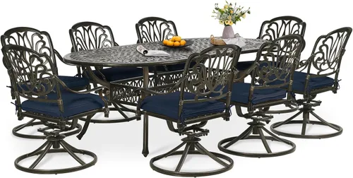 Vista 13 de Juego de comedor de patio de 9 piezas, mesa y sillas de patio al aire libre, mesa de comedor ovalada de aluminio fundido de 84 pulgadas con agujero