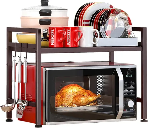 Vista 12 de PUSDON Estante para horno de microondas, estante ajustable resistente de 3 niveles con 3 ganchos para organizador de encimera de cocina