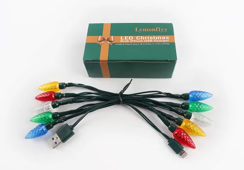 Vista 2 de Cable de carga de teléfono con luz LED de Navidad, cable de carga USB y bombilla de 50 pulgadas, 10 bombillas LED multicolor compatibles