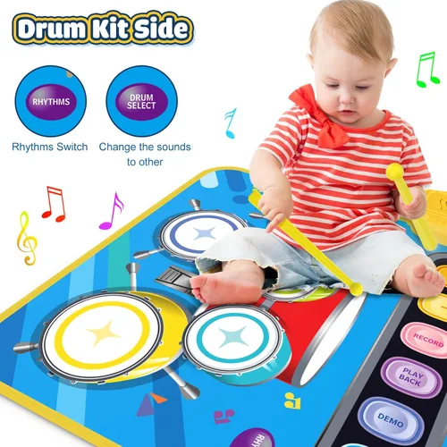 Vista 3 de Juguetes para bebés para niños de 1 año, niño niña, 2 en 1 alfombra musical de piano y tambor para niños pequeños de 1 a 3, alfombra de aprendizaje