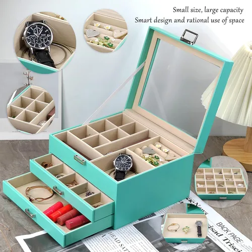 Vista 3 de BOOVO Clear Lid Jewelry Box For Girl,3 Layers Jewelry Organizer boxes For Women Turquoise Earring Jewelry Box For Girl Necklace Ring Bracelet