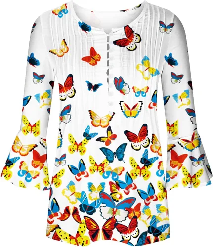 Vista 41 de Ceboyel Blusa tipo túnica con estampado floral para mujer, con botones, estilo Henley, con manga de codo, casual, trajes de moda para mujer