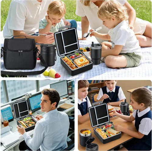Vista 8 de Lonchera Bento para niños con termo de sopa de 17 onzas, botella de agua aislada y bolsa de almuerzo aislada, a prueba de fugas, contenedor