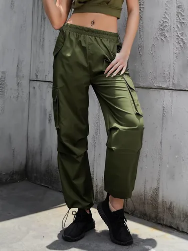 Vista 4 de udforsk Pantalones cargo de cintura alta para mujer, pantalones de paracaídas de pierna ancha para mujer con bolsillos, pantalones holgados Y2K