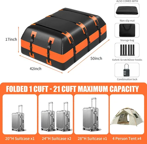 Vista 2 de Bolsa de carga impermeable de 21 pies cúbicos para techo de automóvil, resistente 840D, con alfombrilla antideslizante, bloqueo de equipaje, 6